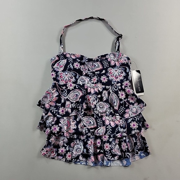 ISLAND ESCAPE Bandini Swimsuit Top Womens 8 Navy Floral Stretch Removable Cups - Picture 2 of 5